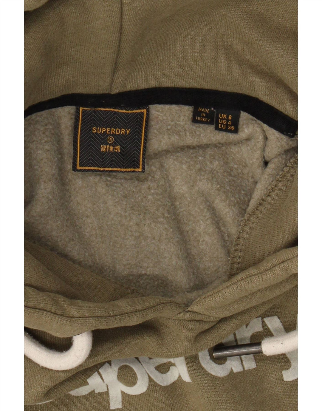 SUPERDRY Womens Graphic Hoodie Jumper UK 8 Small Khaki Cotton Vintage Superdry and Second-Hand Superdry from Messina Hembry 