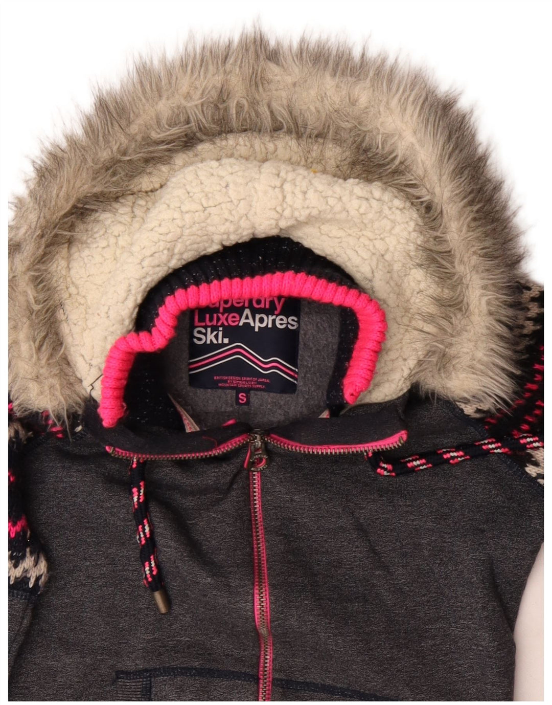 Suéter feminino Superdry com capuz e zíper Reino Unido 10 pequeno poliéster cinza Chevron