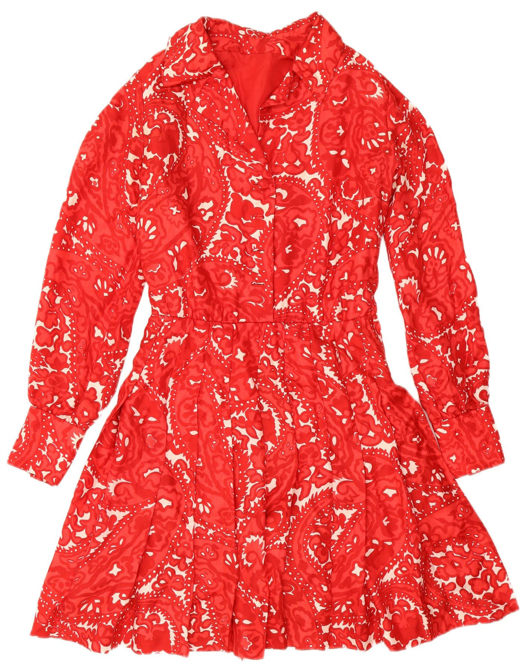 Vestido feminino vintage evasê UK 12 Paisley vermelho médio