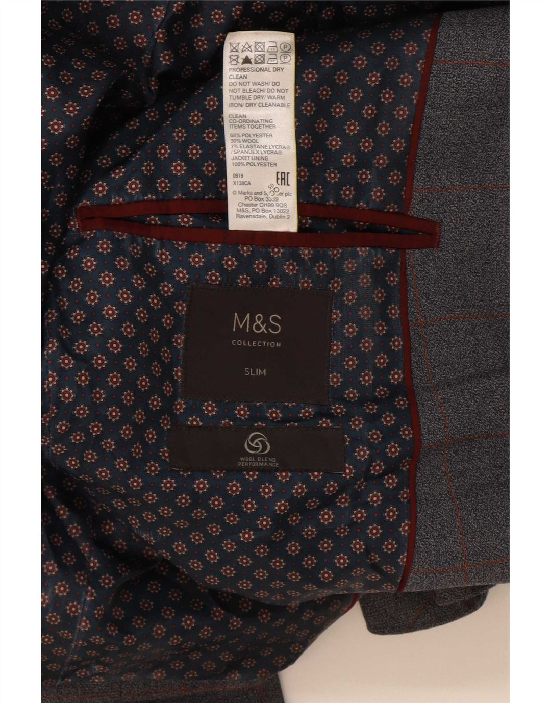Jaqueta Blazer Masculina Marks & Spencer Slim Fit 2 Botões Reino Unido 36 Pequena Xadrez Azul