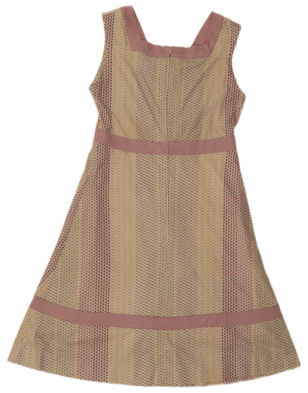 Vestido feminino vintage sem mangas evasê UK 12 médio off white geométrico