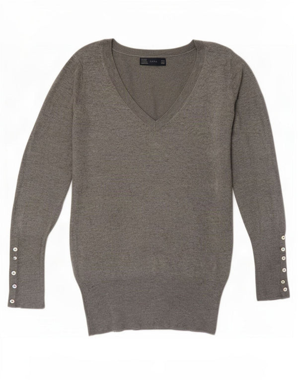 Suéter feminino Zara com decote em V UK 12 cinza médio