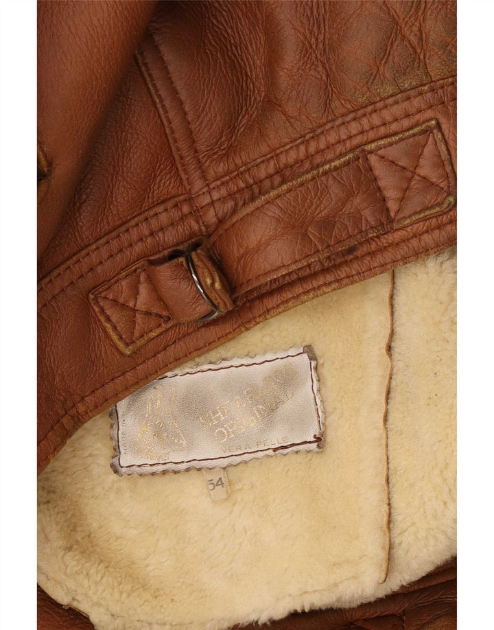 Jaqueta masculina vintage shearling IT 54 2XL couro marrom