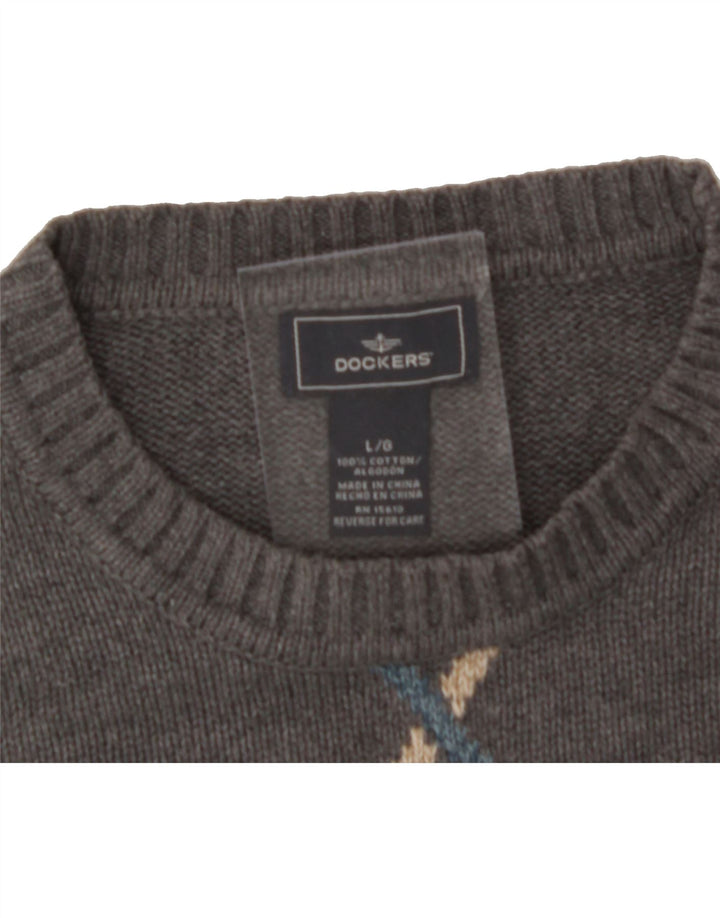 DOCKERS Mens Crew Neck Jumper Sweater Large Grey Argyle/Diamond Cotton Vintage Dockers and Second-Hand Dockers from Messina Hembry 