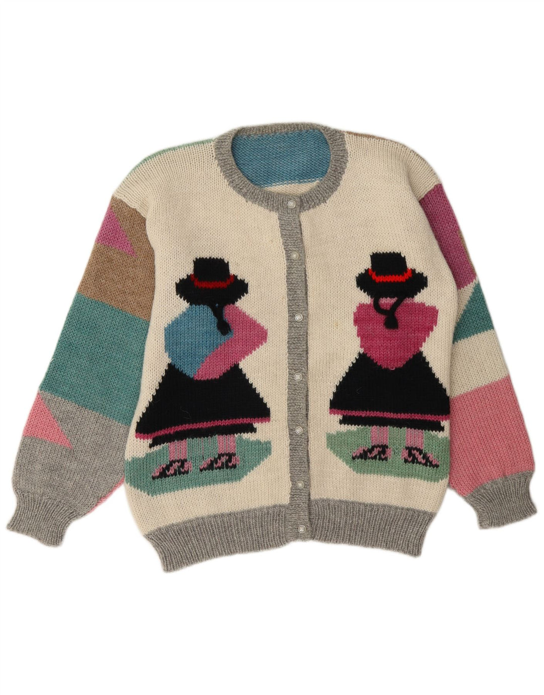 Suéter Cardigan Feminino Vintage Reino Unido 16 Grande Bloco Colorido Multicolorido
