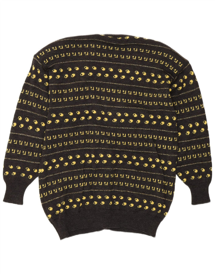Suéter cardigã feminino VINTAGE EU 38 lã geométrica cinza médio