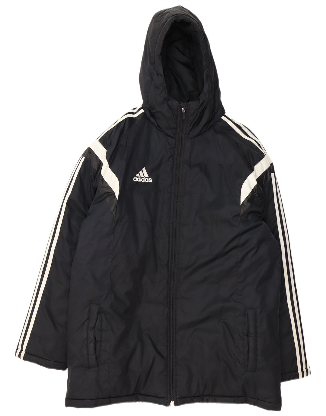 Jaqueta acolchoada com capuz masculina Adidas UK 42 XL preto colorblock poliéster