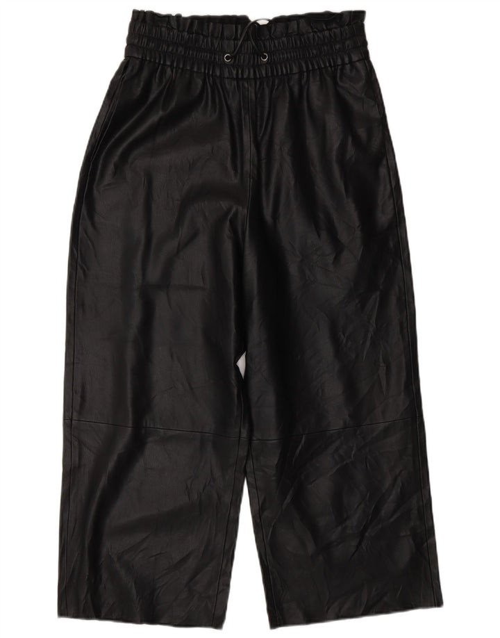 ZARA Calça feminina de couro sintético com perna larga XS W25 L20 preta