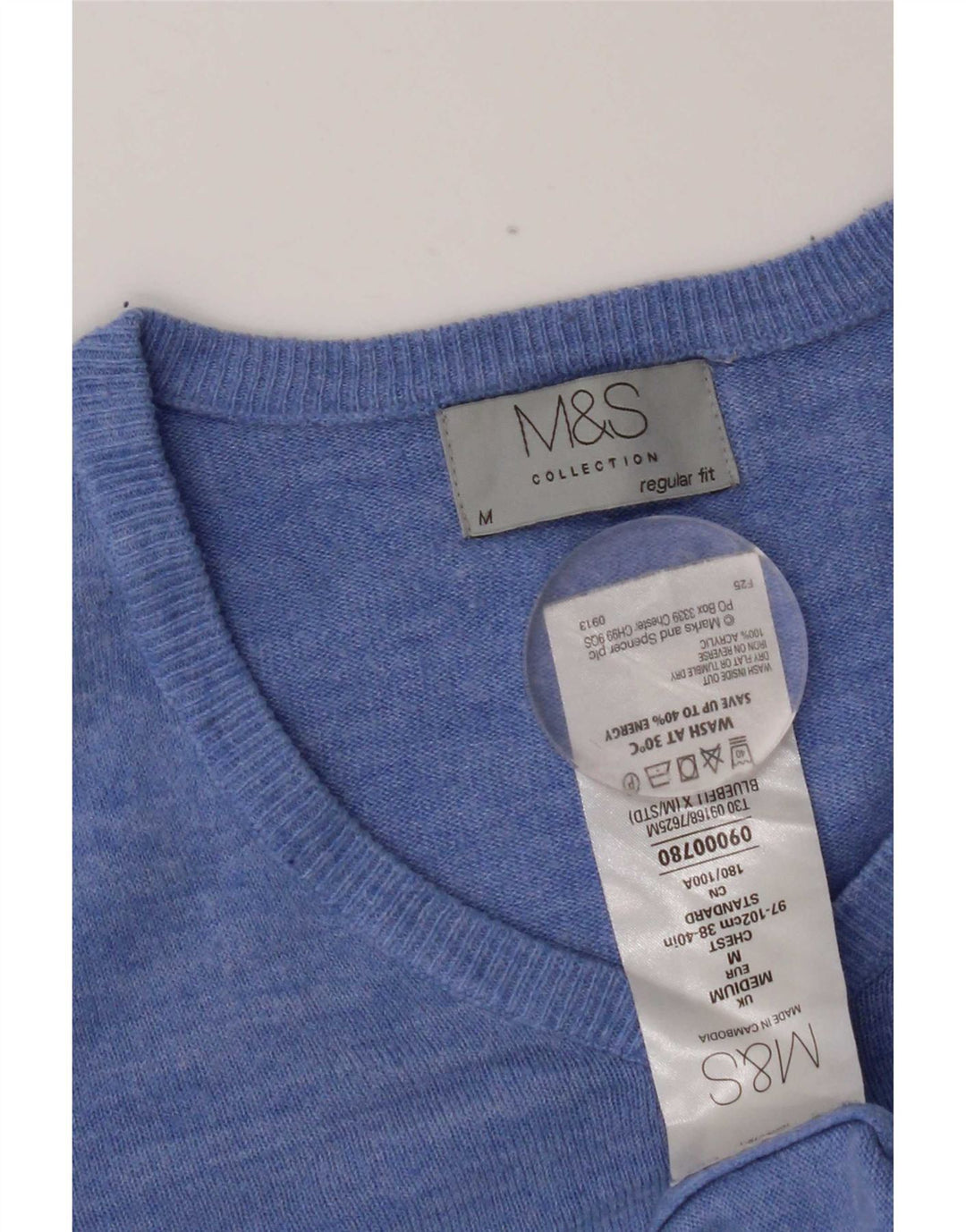 Suéter masculino Marks & Spencer com ajuste regular e decote em V acrílico azul médio