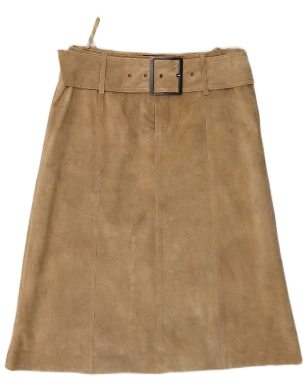 Saia feminina vintage de camurça Reino Unido 10 pequena W28 couro bege