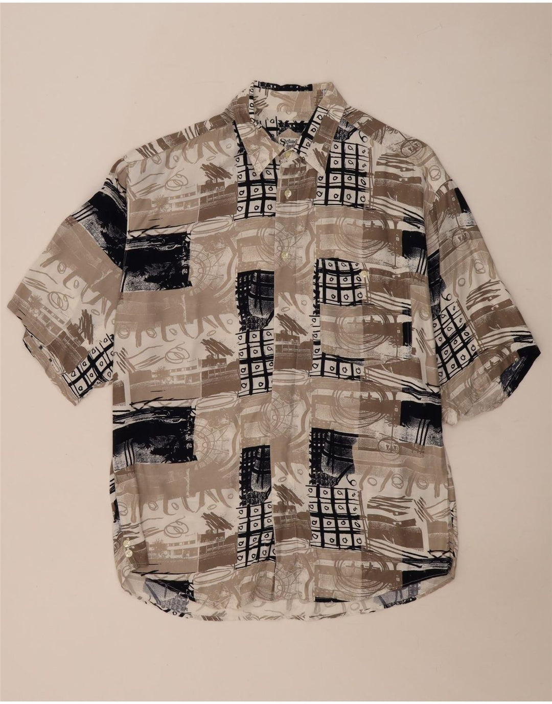 Camisa masculina vintage de manga curta grande patchwork bege