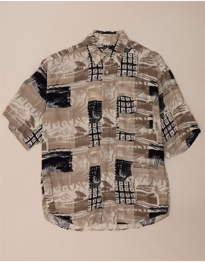 Camisa masculina vintage de manga curta grande patchwork bege