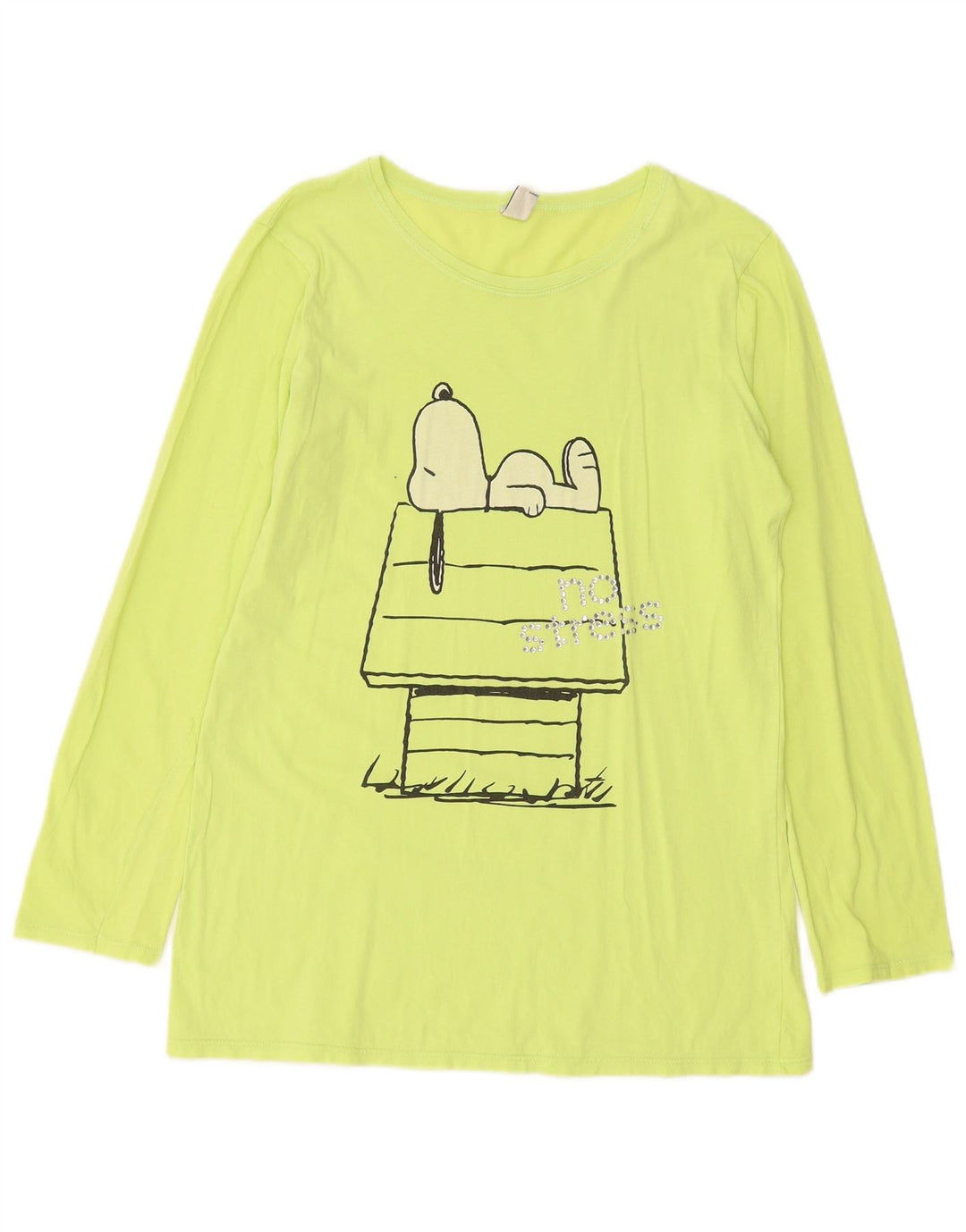 Top feminino com estampa Peanuts da BENETTON manga comprida Reino Unido 14 algodão verde médio