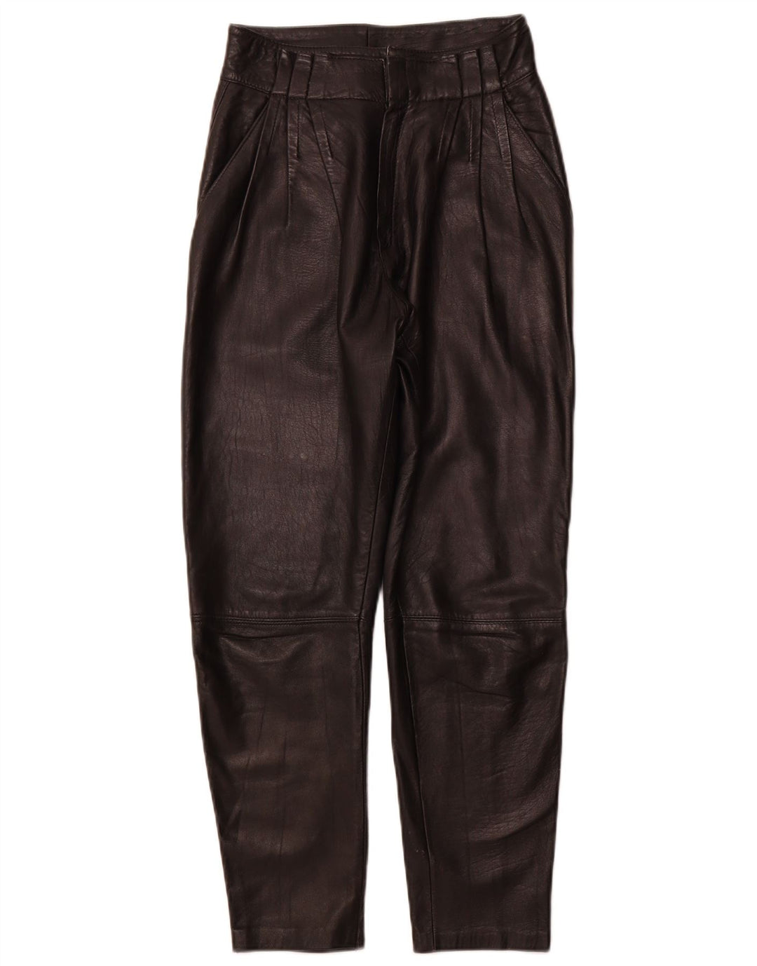 Calça feminina VINTAGE de couro com pregas IT 44 médio W26 L26 couro preto