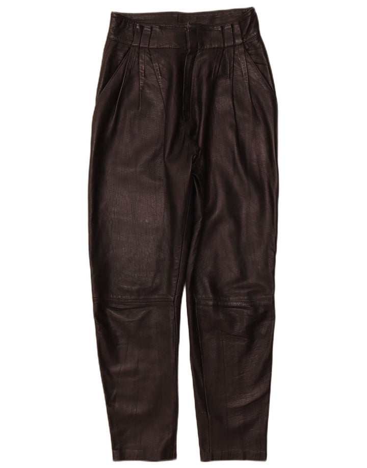 Calça feminina VINTAGE de couro com pregas IT 44 médio W26 L26 couro preto