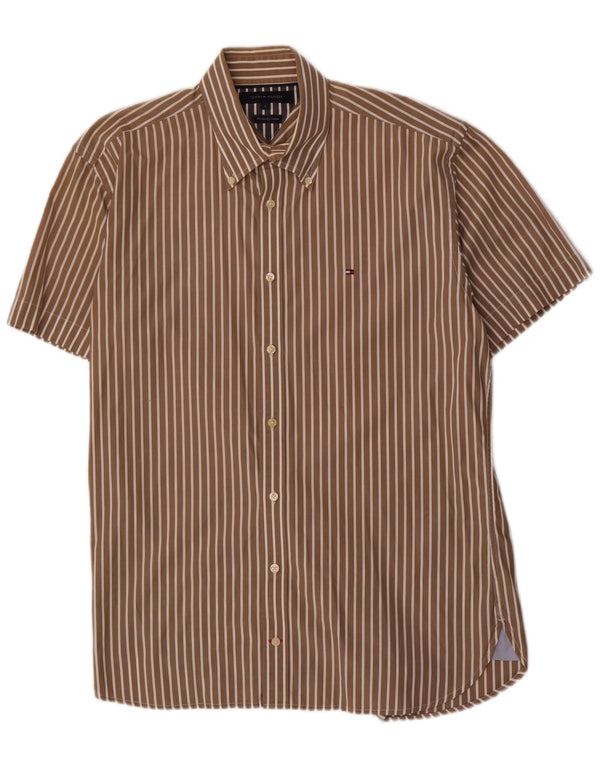 Camisa masculina de manga curta Tommy Hilfiger grande algodão listrado marrom