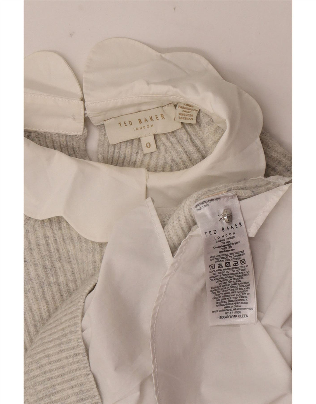 Suéter feminino Ted Baker com gola redonda grande EUA 0 2XS lã cinza
