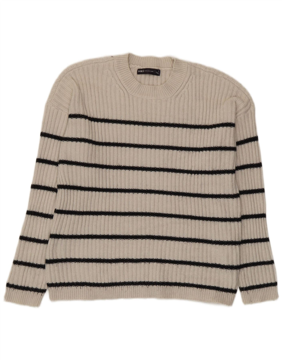 Suéter feminino Marks & Spencer com gola redonda UK 14 listrado bege médio