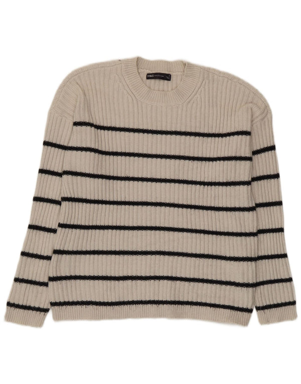Suéter feminino Marks & Spencer com gola redonda UK 14 listrado bege médio