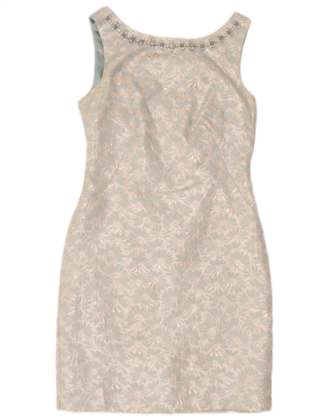Vestido feminino Monsoon sem mangas com bainha UK 12 poliéster floral azul médio