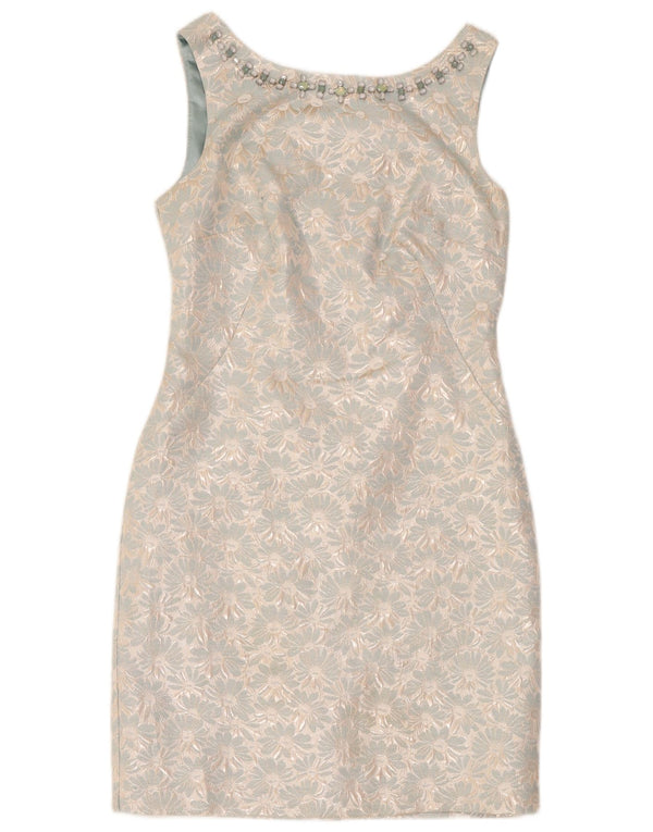 Vestido feminino Monsoon sem mangas com bainha UK 12 poliéster floral azul médio