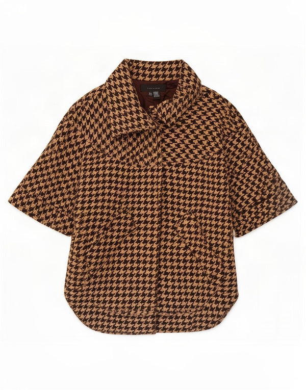 Casaco feminino de manga curta Zara Reino Unido 14 lã houndstooth marrom médio