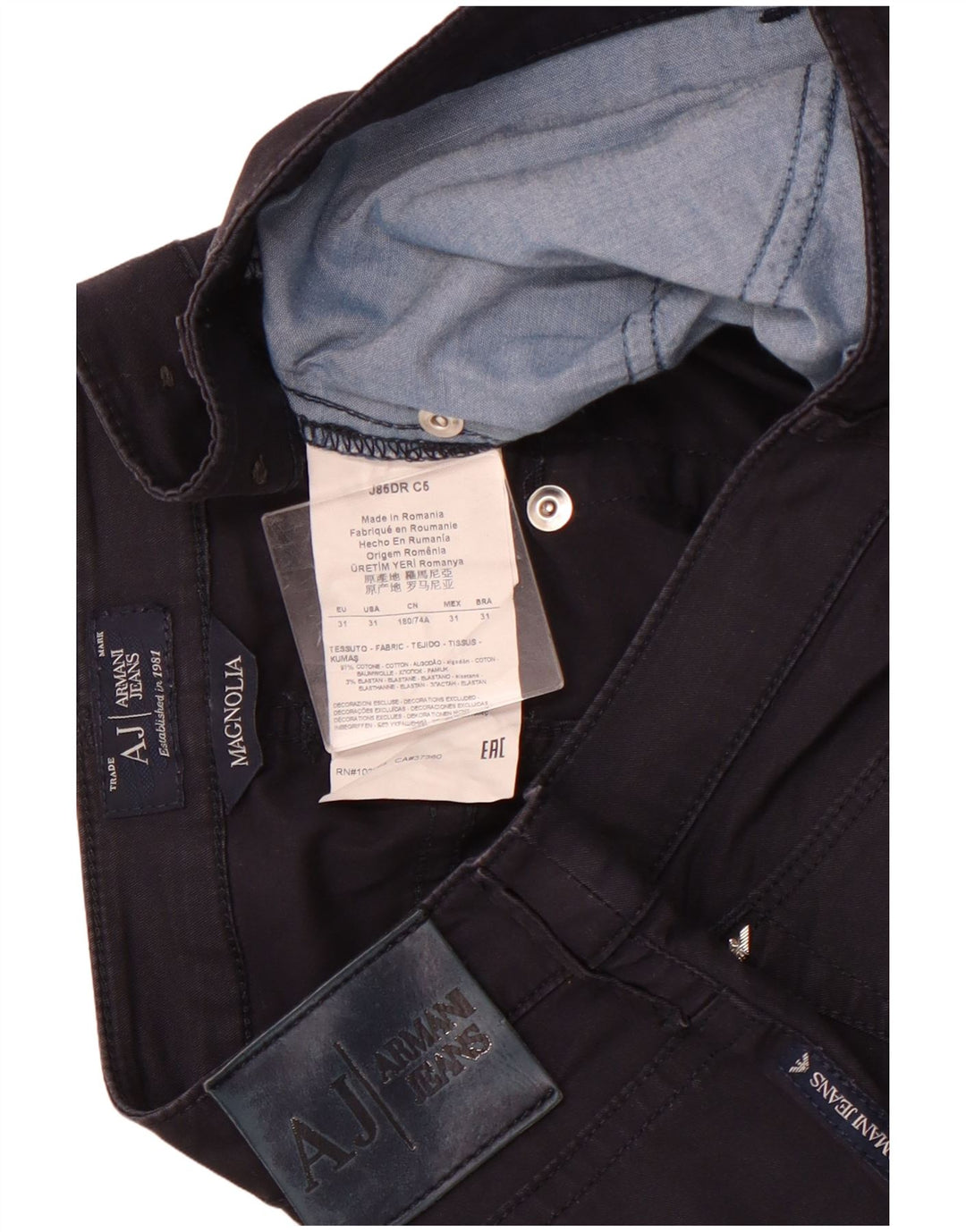 ARMANI Calça feminina reta casual Magnólia W31 L28 algodão azul marinho