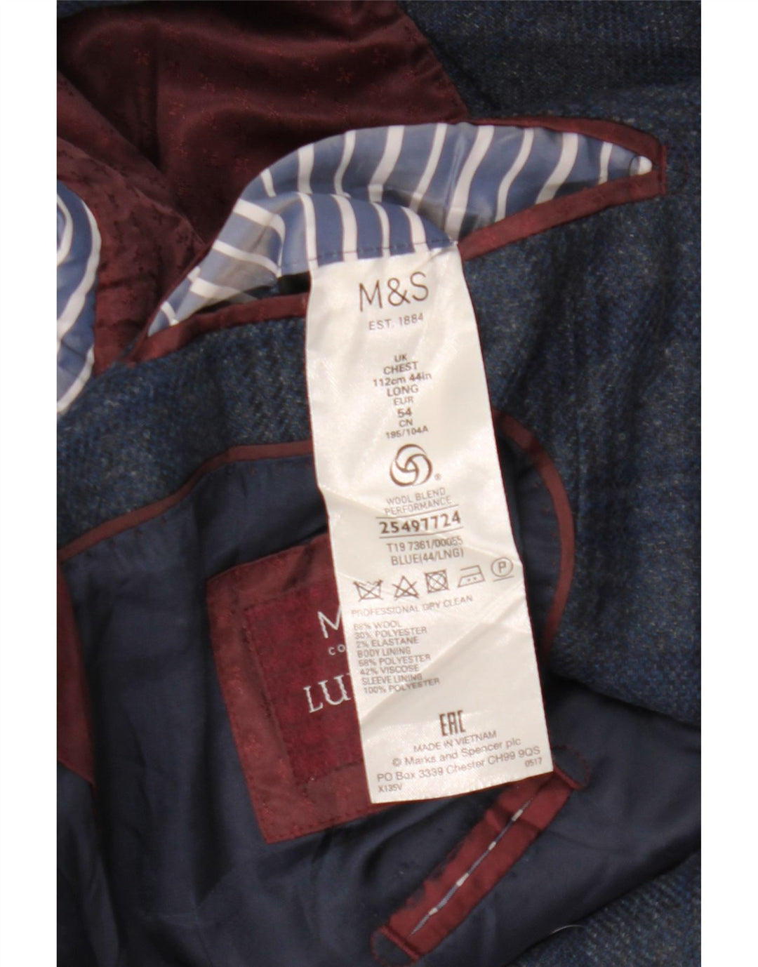 Jaqueta blazer masculina de 2 botões Marks & Spencer Reino Unido 44 2XL lã xadrez azul