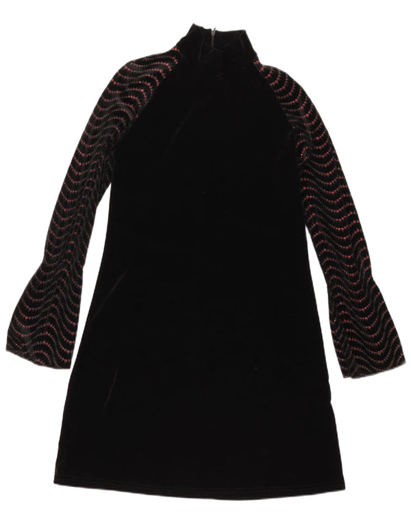 Vestido feminino vintage manga comprida veludo linha A Reino Unido 12 médio preto Chevron