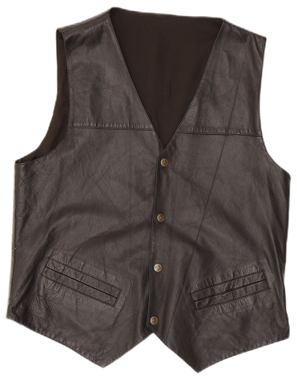 Colete de couro masculino vintage médio preto