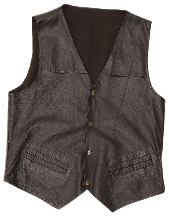 Colete de couro masculino vintage médio preto