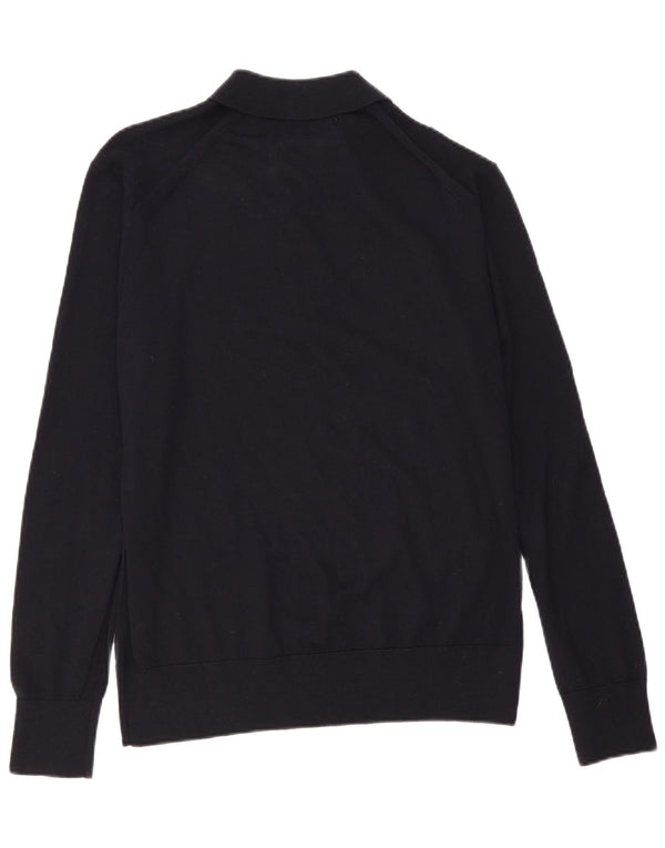 Suéter vintage masculino com gola polo, lã merino azul marinho médio