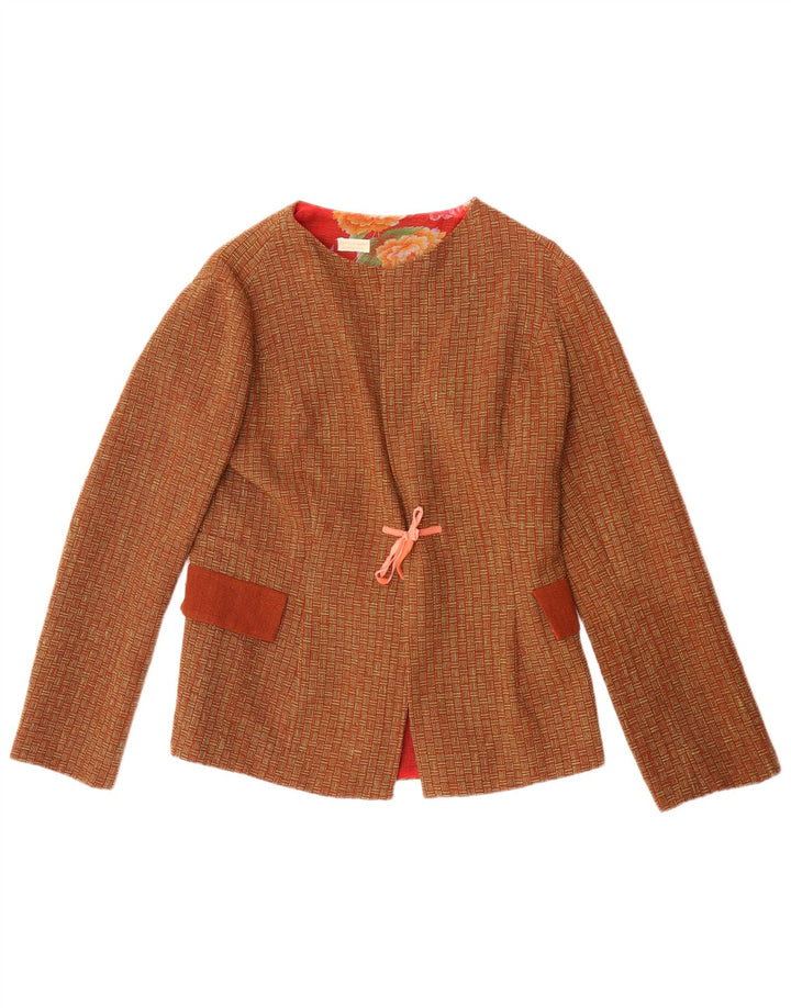 Jaqueta Blazer Feminina Fatto a Mano Reino Unido 8 Lã Geométrica Marrom Pequena