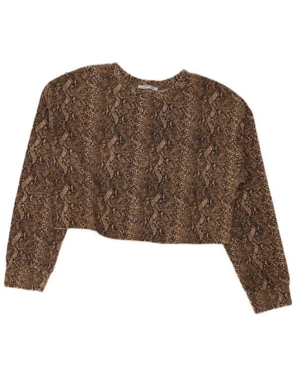 Zara Womens Trafaluc Crop Top Manga Longa Reino Unido 14 Médio Marrom Estampa Animal