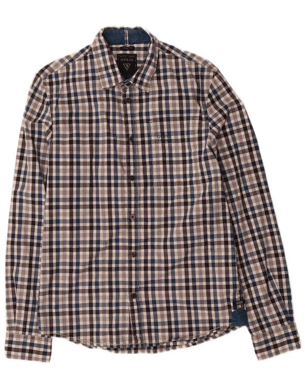 Guess Camisa masculina slim fit pequena algodão guingão multicolorido