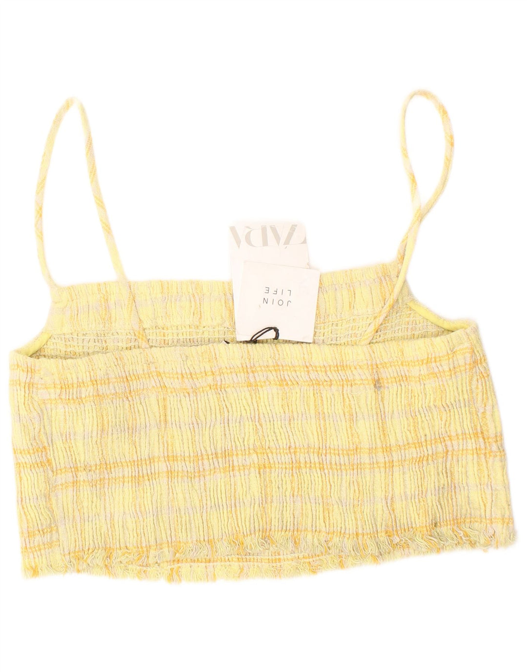 Zara Top feminino curto de algodão xadrez amarelo médio