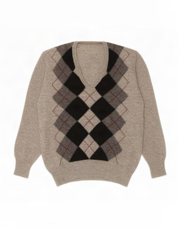 Suéter masculino vintage com decote em V pequeno cinza Argyle/Diamante