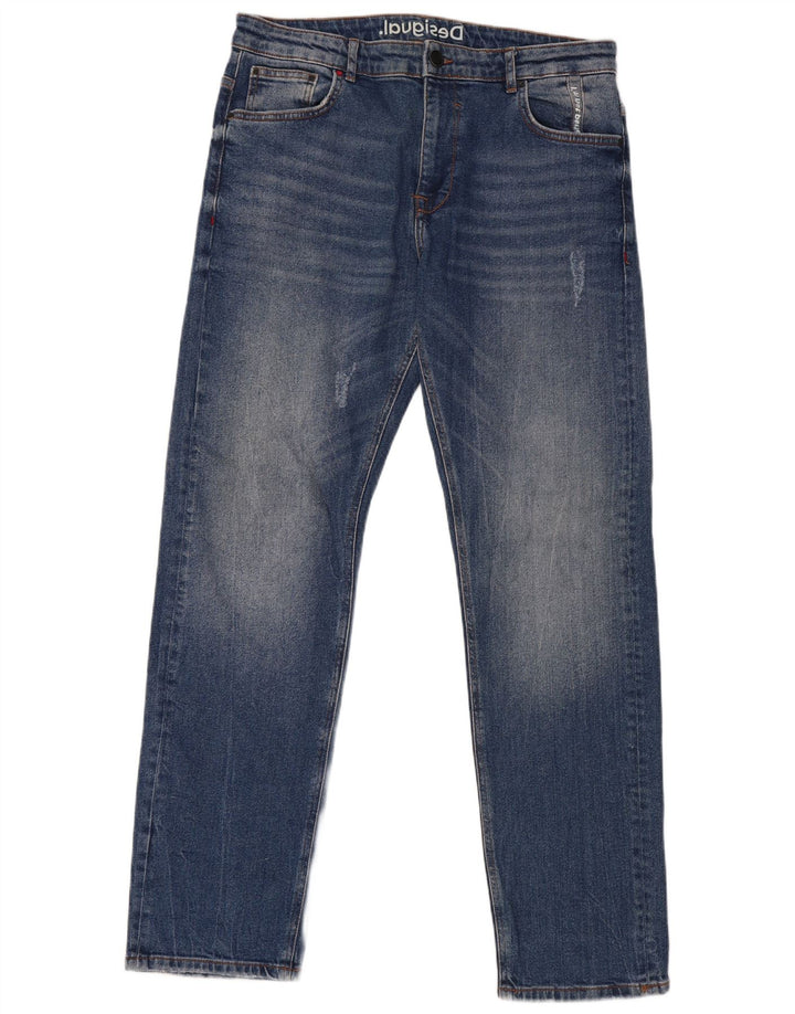 Desigual Calça jeans reta masculina desgastada W36 L32 algodão azul