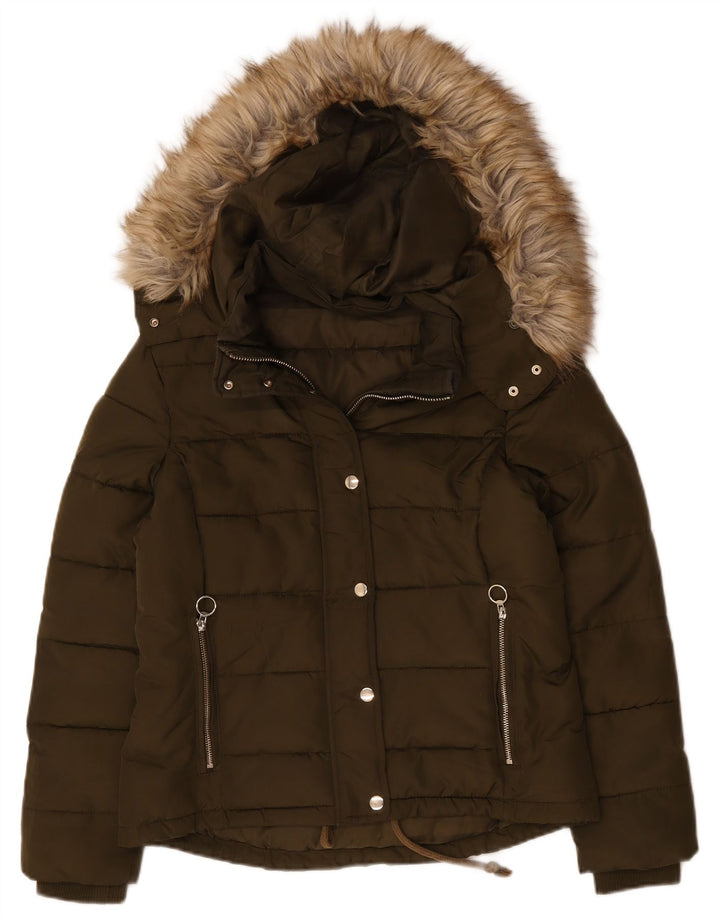 Jaqueta acolchoada com capuz feminina Topshop UK 12 poliéster cáqui médio