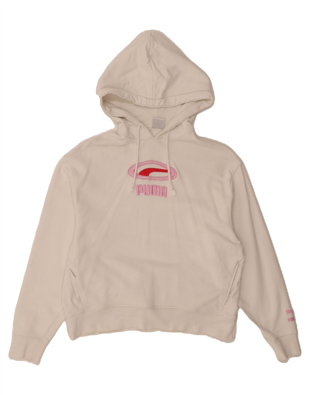 PUMA Womens Graphic Hoodie Jumper UK 10 Small Off White Cotton Vintage Puma and Second-Hand Puma from Messina Hembry 