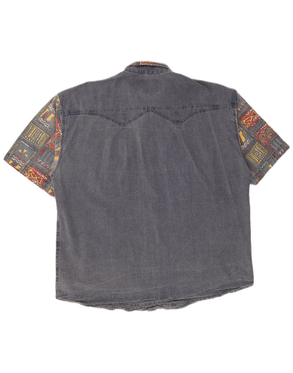 Camisa jeans masculina vintage de manga curta XL azul marinho algodão geométrico