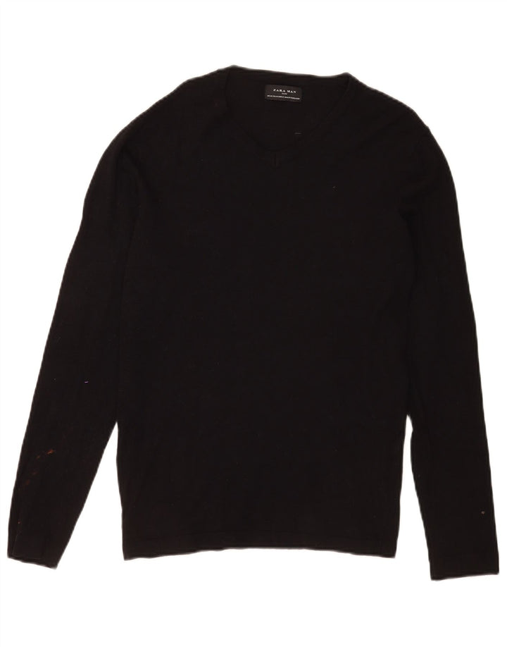 Suéter masculino Zara com decote em V, viscose preta média