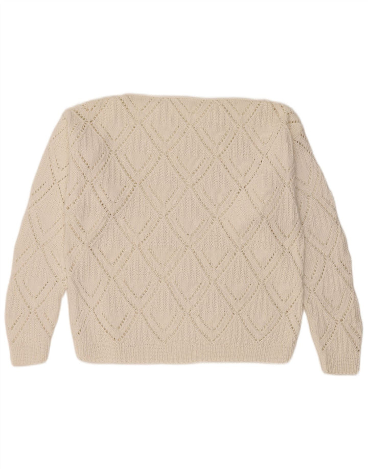Suéter feminino VINTAGE com gola canoa UK 12 médio branco