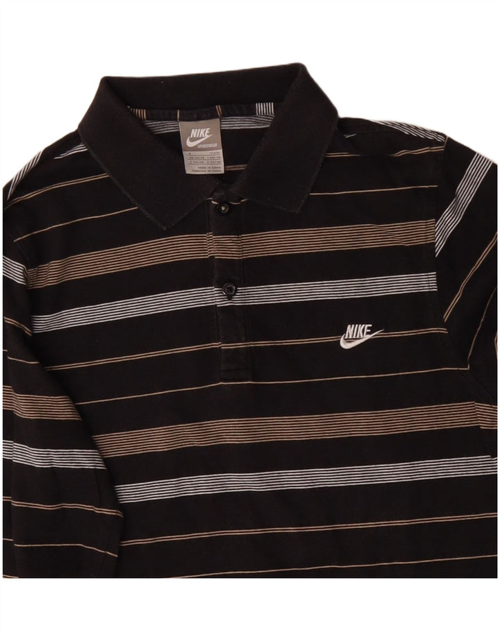 Camisa polo masculina de manga comprida NIKE pequena listrada preta de algodão
