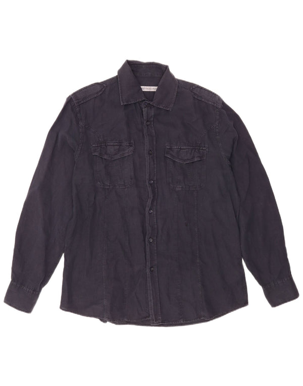 Camisa militar masculina Trussardi grande linho azul marinho