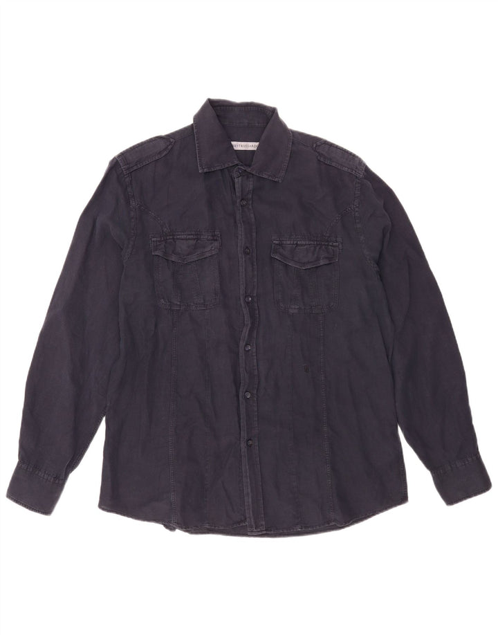 Camisa militar masculina Trussardi grande linho azul marinho