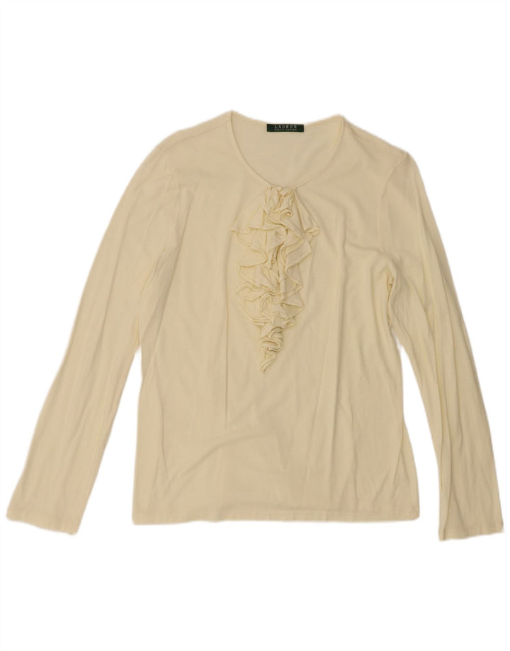 Ralph Lauren Top feminino com babados na frente e manga comprida Reino Unido 12 médio amarelo