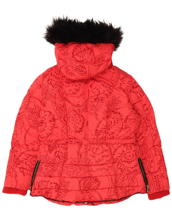 Jaqueta acolchoada com capuz feminina Desigual EU 44 XL poliéster floral vermelho