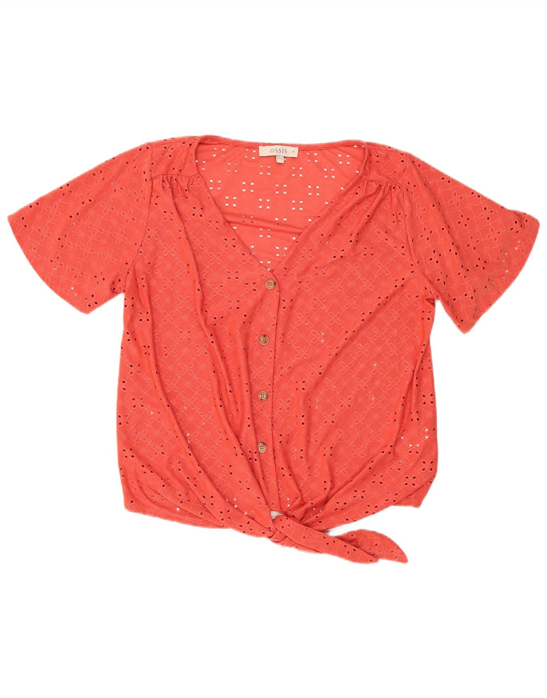 Blusa feminina Oasis com amarração frontal e manga curta Reino Unido 14 poliéster vermelho médio