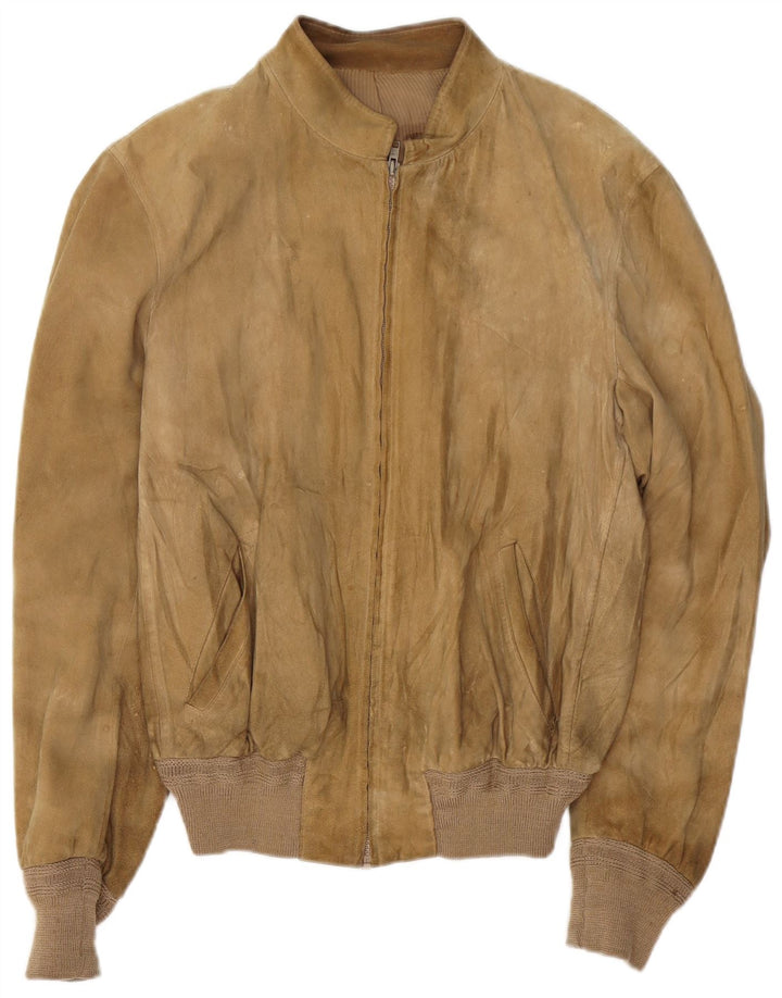 Jaqueta bomber masculina VINTAGE de camurça Reino Unido 38 couro bege médio